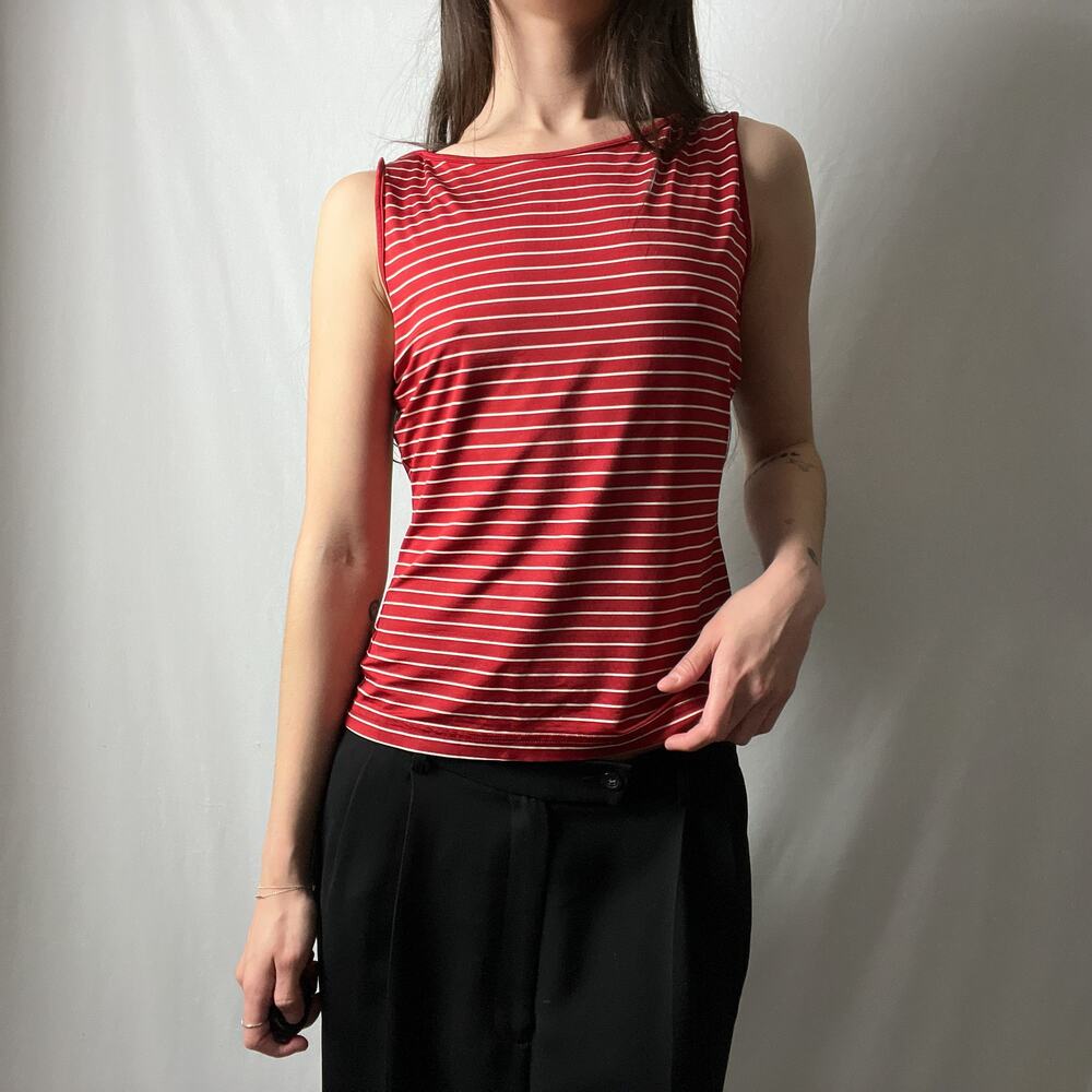 90s vintage red white striped minimalist high boatneck tank top blouse